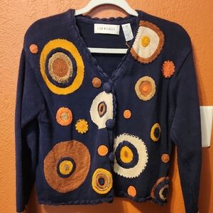 Lisa Nichols Vintage Navy Circle Appliqué Cardigan Sweater
